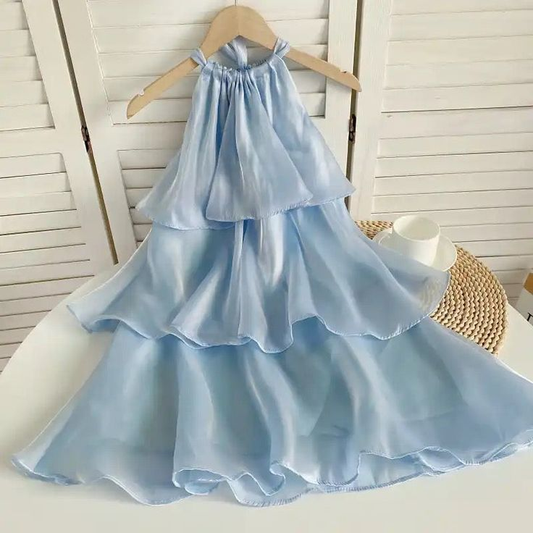 Simple Blue Organza Halter Layered Mini Prom Dress Homecoming Dress Y8089