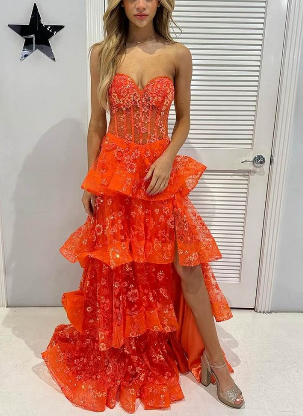 Chic Orange Strapless A-Line Lace Layered Appliques Prom Dress Slit Evening Dress  Y7885