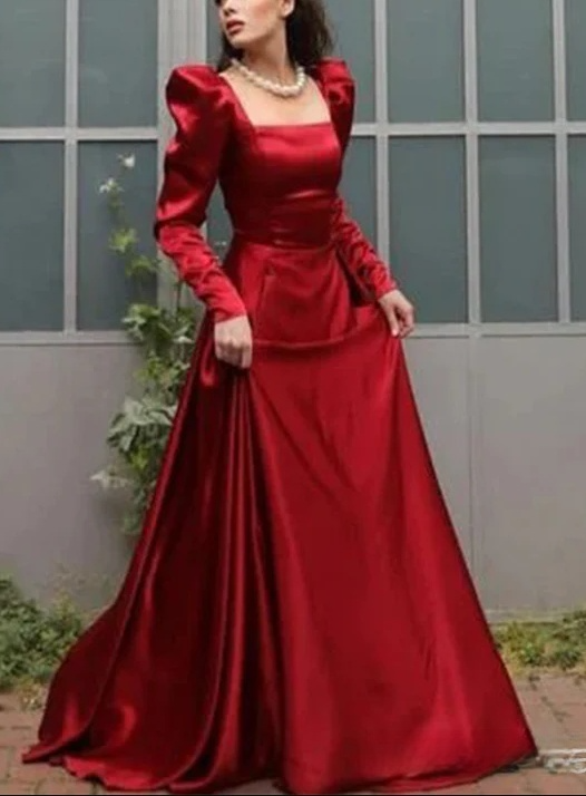 Elegant Square Neck Red Satin A Line Prom Evening Dress Y7855