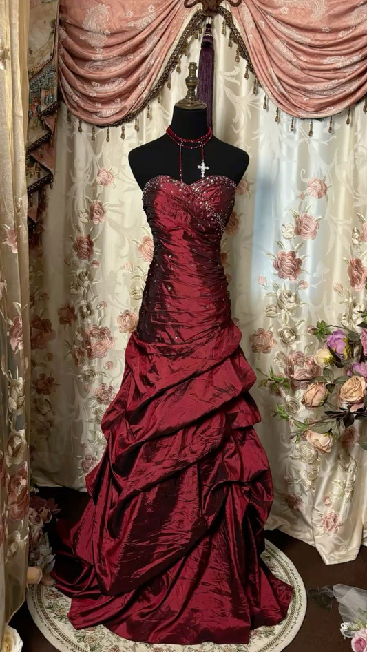 Burgundy Strapless Beaded Satin Evening Dress Layered Prom Dress Ball Gown Y7814