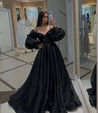 Black Long Sleeves Prom Dresses,Organza Formal Dresses,Party Dress with Train Y4418