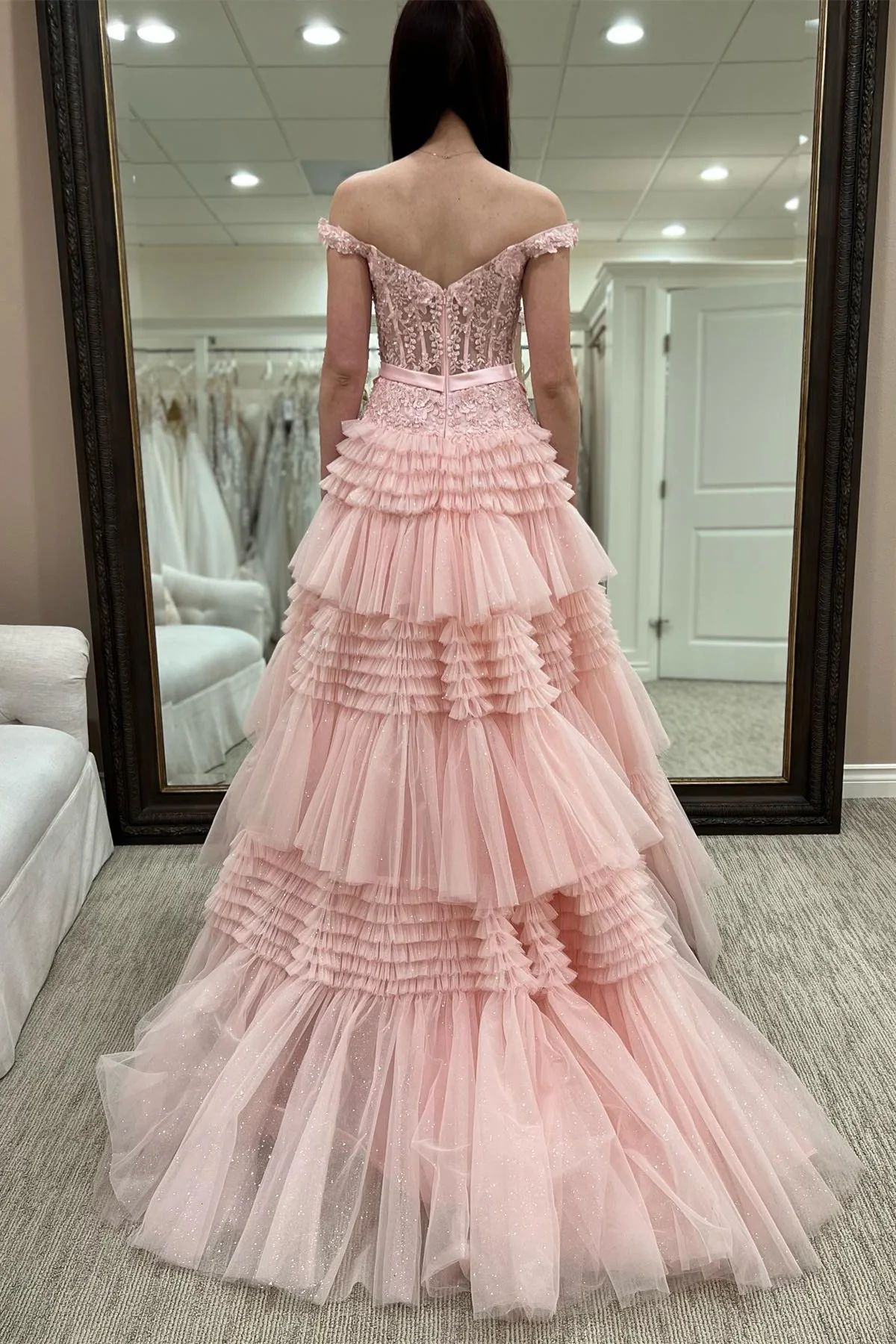 Pink Tulle Lace Off-the-Shoulder Ruffles Tiered Long Prom Dress Y2313