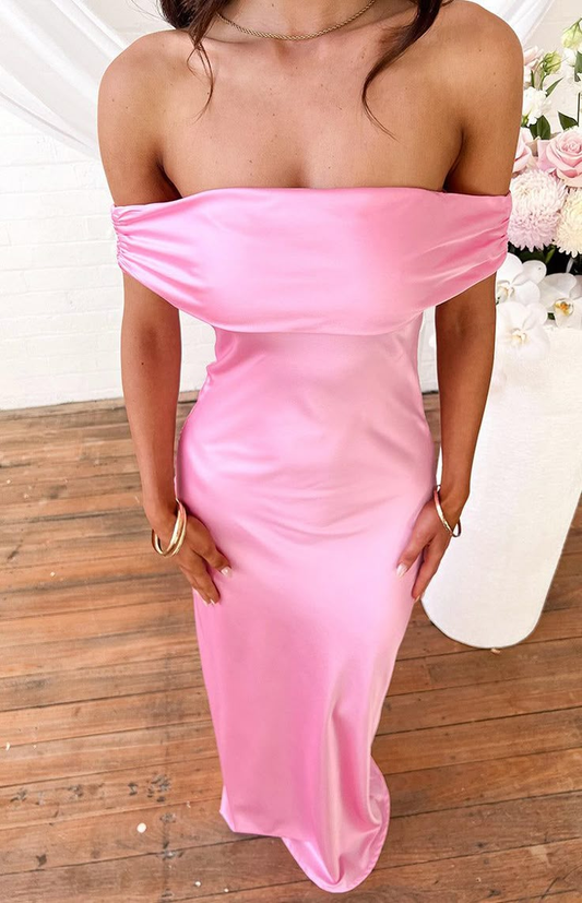 Pink Off The Shoulder Satin Long Prom Evening Dress Y8093