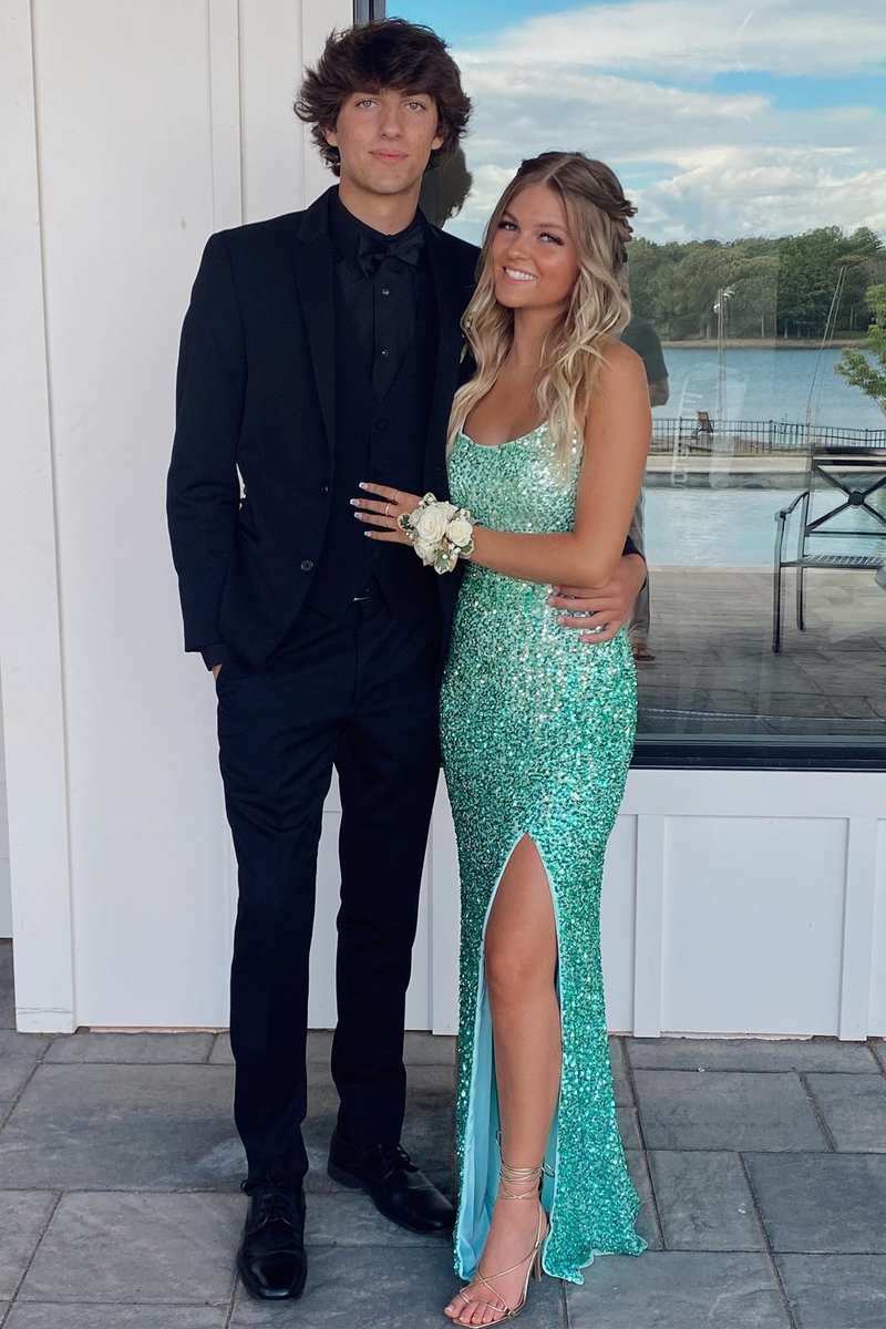 Turquoise Sequin Lace-Up Back Long Formal Prom Dress with Slit Y4143