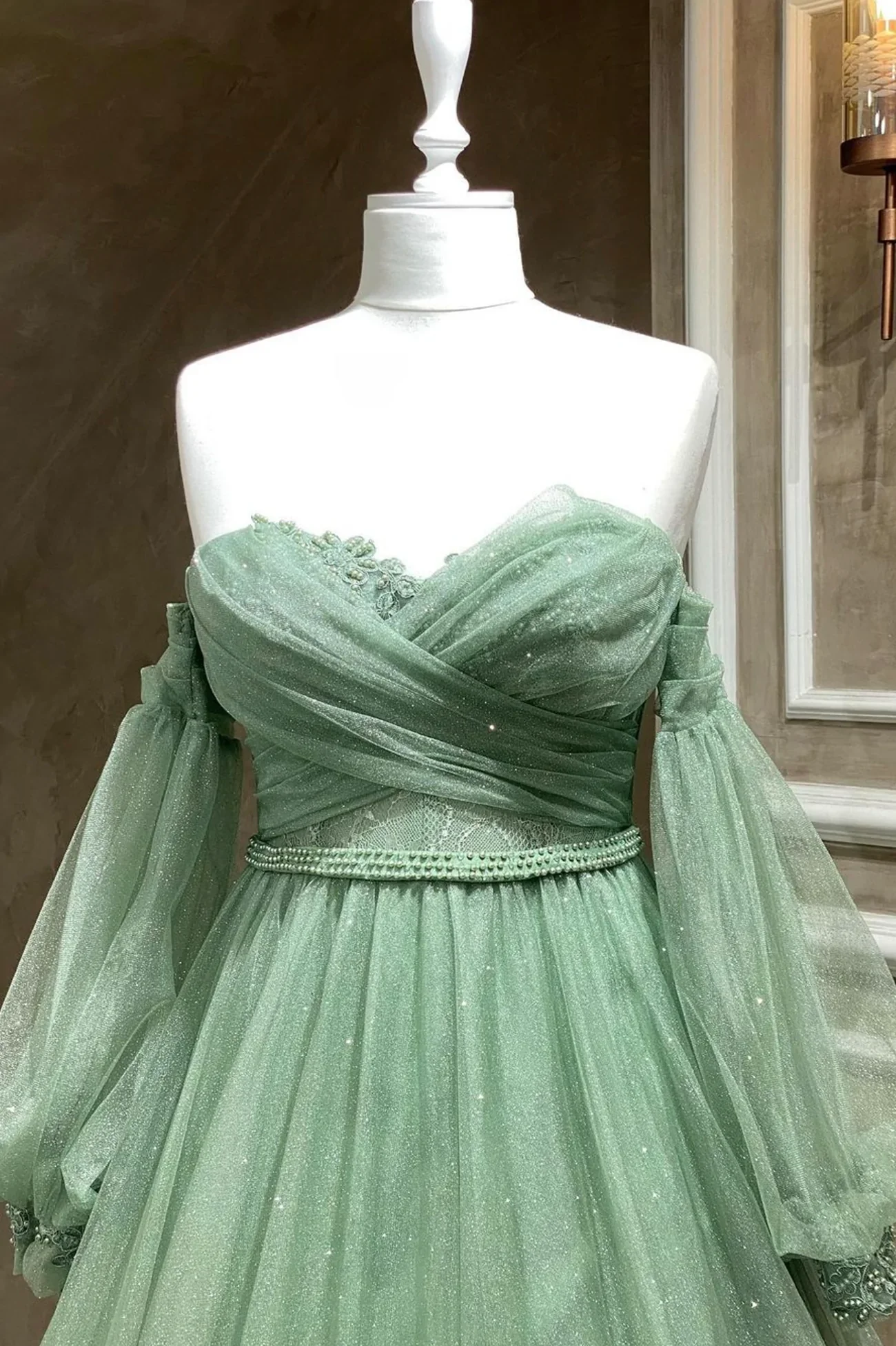 Bling Green Tulle Puffy Sleeves Formal Dresses, A Line Green Long Evening Gown Y7981