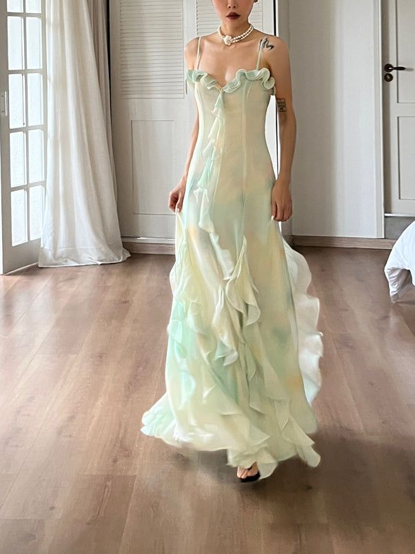 Beautiful Green Chiffon Layered Ruffle Prom Dress Straps Evening Gown Y7897