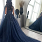 Navy Blue Glitter Square Neck Tulle Long Sleeves Luxury Ball Gown  Y4883