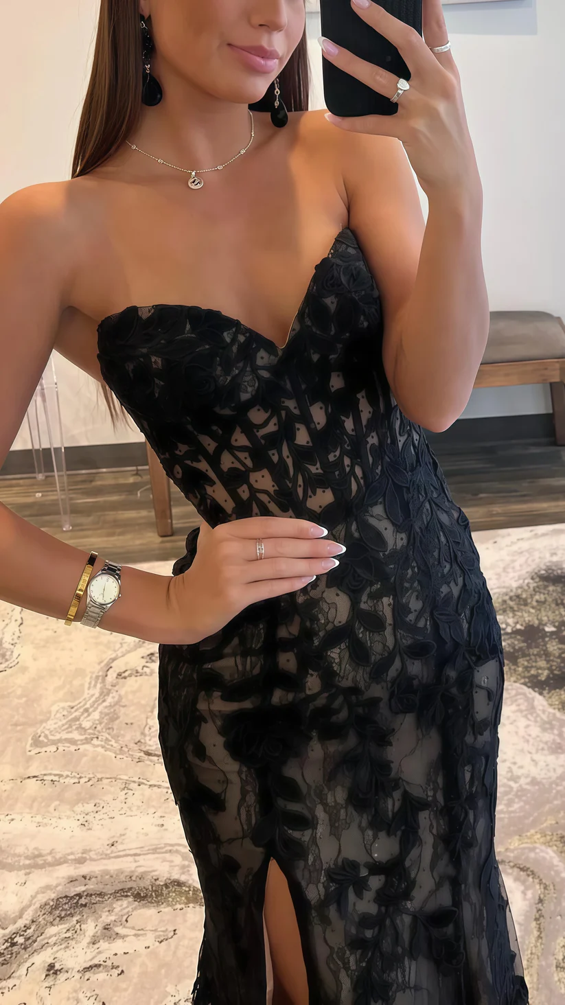 Black Evening Dress, Sexy Strapless Sweetheart Lace Slit Mermaid Prom Dress Y8017