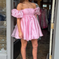Pink Square Neck Balloon Sleeves A-Line Homecoming Dress,Y2434