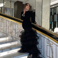 Black Evening Dress Puffy Skirt Long Sleeve Satin Mermaid Dubai Formal Evening Party Gowns  Y4908