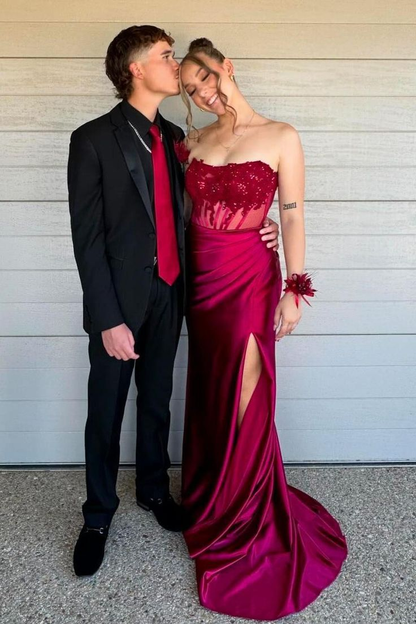 Charming Strapless Burgundy Lace Appliques Long Prom Dress Slit Mermaid Evening Gown Y7883