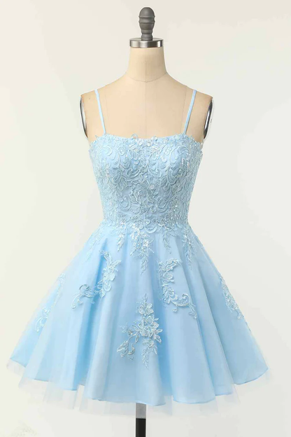 Light Blue A-line Spaghetti Straps Lace-Up Back Applique Mini Homecoming Dress Y2673