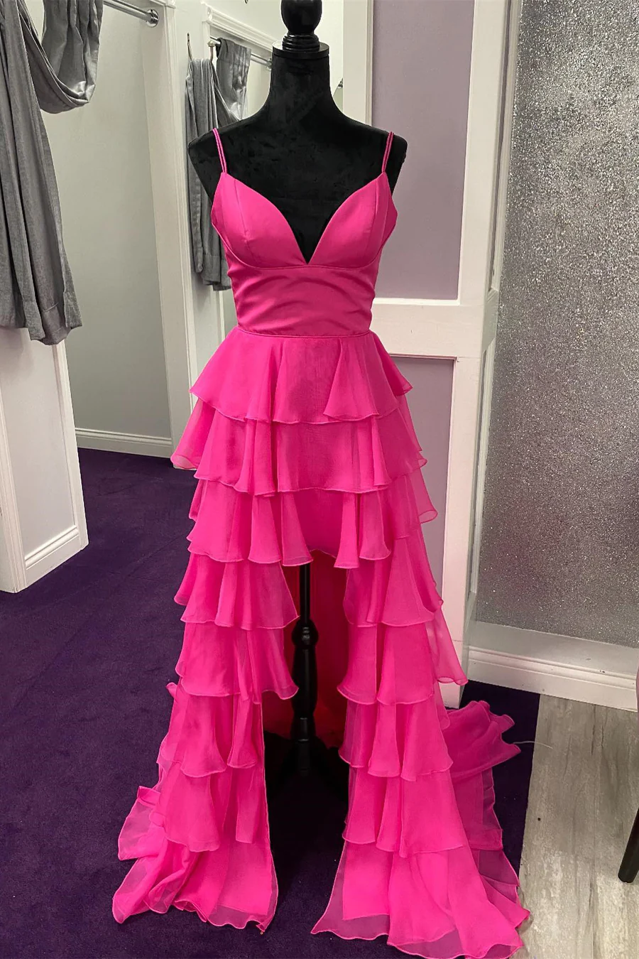 Hot Pink Spaghetti Straps Tiered Long Prom Dress Chiffon Graduation Dress Y4950