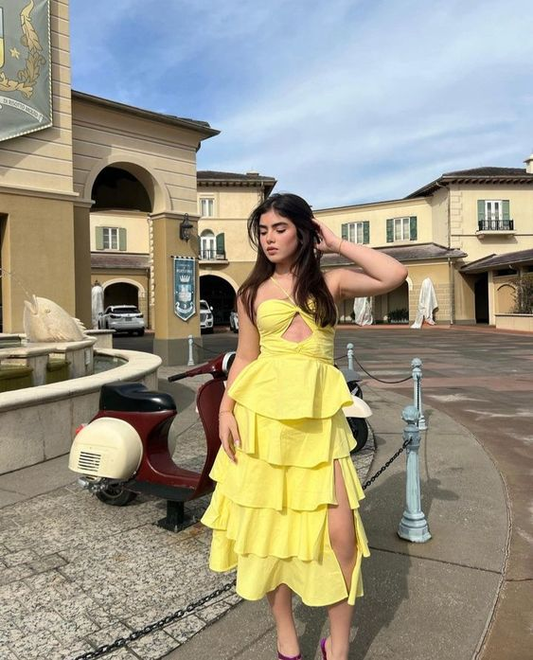 Yellow A-line Tiered Prom Dress With Split,Yellow Party Gown Y6121