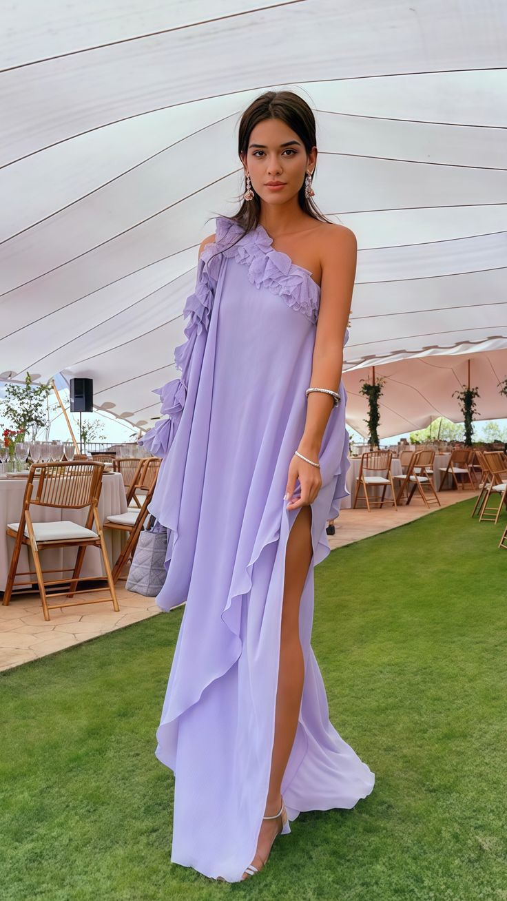 One Shoulder Lilac Chiffon Long Evening Prom Dress  Y7904