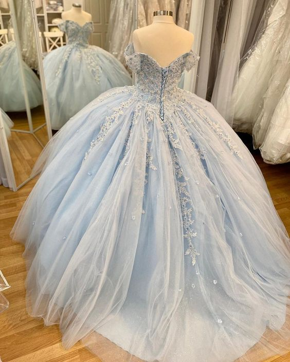 Off The Shoulder Blue Lace Tulle Ball Gown,Blue Sweet 16 Dress,Princess Dress Y2061