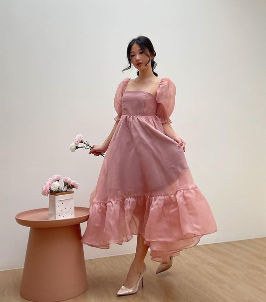 Blush Pink Baby Doll Puff Sleeves Dress, Pretty French Princess Dress,A-line Prom Dress  Y6254