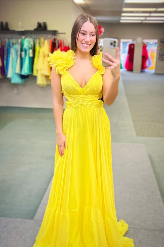 Yellow Ruffles Lace-Up Back A-Line Prom Dress Y2002