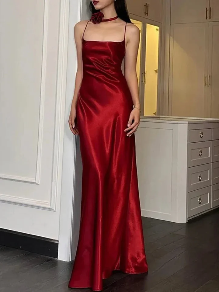 Elegant Burguny Spaghetti Straps Long Prom Dress Backless Evening Dress Y7748