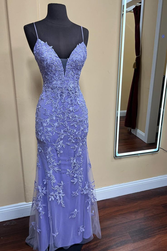 Lace Appliques Mermaid Straps Long Prom Dress Y7380