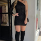 Black Tight One Shoulder Sequins Homecoming Dress  Y2577