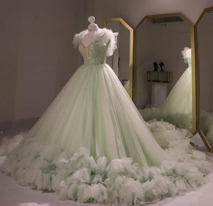 Sage Green Tulle Ball Gown , Sweet 16 Dress, Sage Green Quinceanera Dress  Y2335