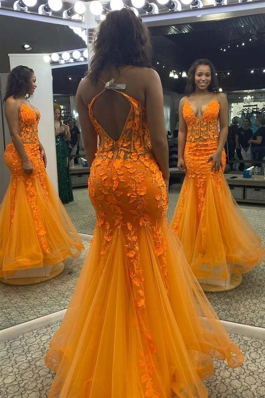 Orange Appliques V-Neck Backless Mermaid Long Prom Dress Y6697