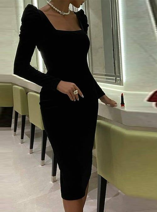 Sheath / Column Elegant Sexy Cocktail Party Dress Square Neck Long Sleeve Knee Length Short Prom Dress Y4194