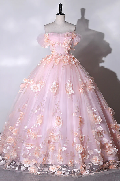 Pink Flowers Sweetheart Ball Gown Formal Dresses, Pink Long Sweet 16 Dresses Y6951