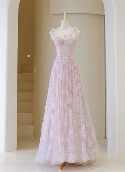 Light Pink Round Neckline Lace Long Prom Dress, A-line Pink Floor Length Party Dress Y4492