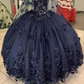 Women's Navy Blue Quinceanera Dresses Appliques Beaded Dresses 3D Flowers Ball Gown,Y2480