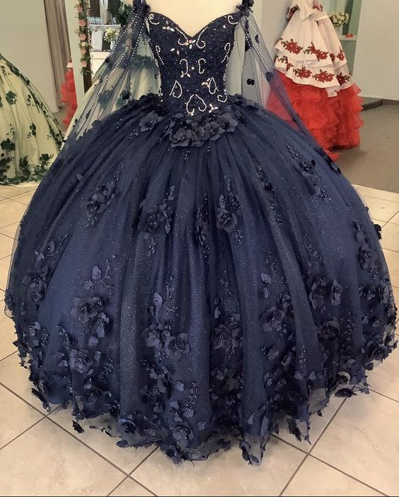 Women's Navy Blue Quinceanera Dresses Appliques Beaded Dresses 3D Flowers Ball Gown,Y2480