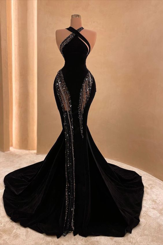 Sexy Black Mermaid Long Prom Dress with Train,Chic Black Evening Gown Y4178