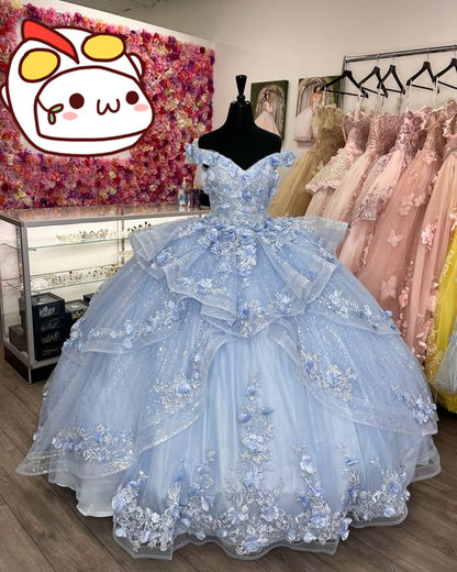 Off The Shoulder Blue Ball Gown With Flowers,Blue Princess Dress,Sweet 16 Dress Y2256
