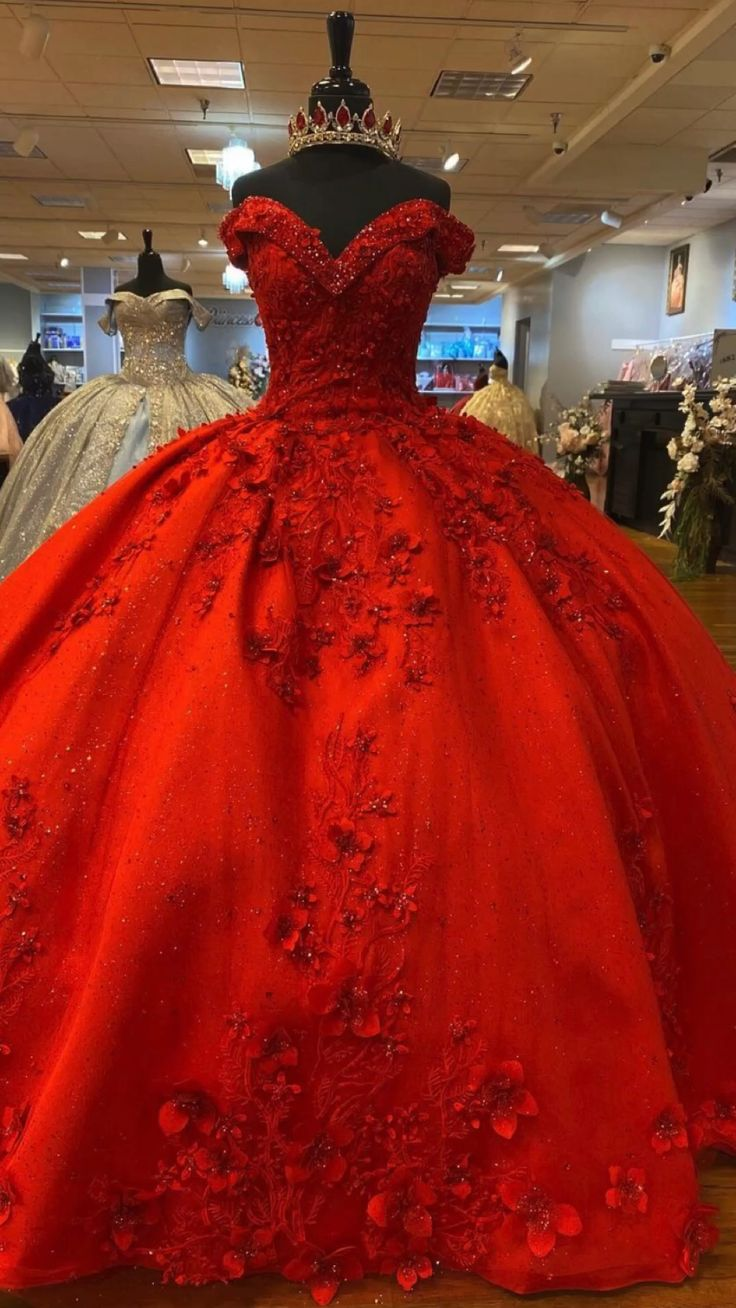Luxurious Red 3D Flowers Ball Gown,Sweet 16 Dress,Quinceanera Dress  Y5321