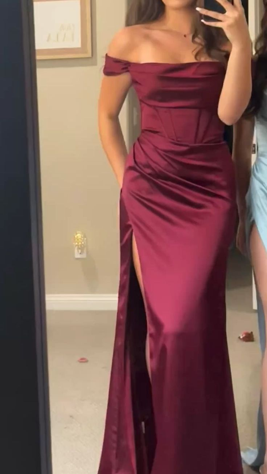 Burgundy Satin Off The Shoulder Slit Prom Dress Evening Dress Y7831