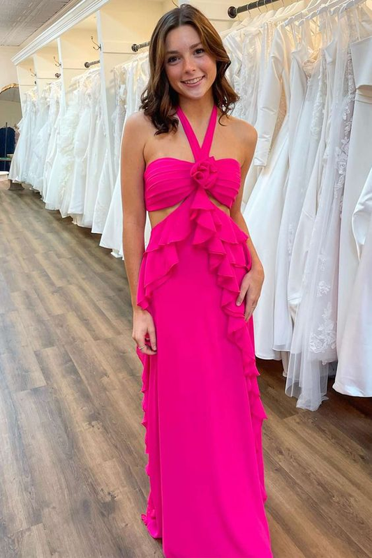 Hot Pink Halter Cut Out Ruffle Long Formal Prom Dress Y7378