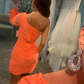 One Shoulder Orange Satin Tight Homecoming Dress with Beading Long Sleeves Y2905