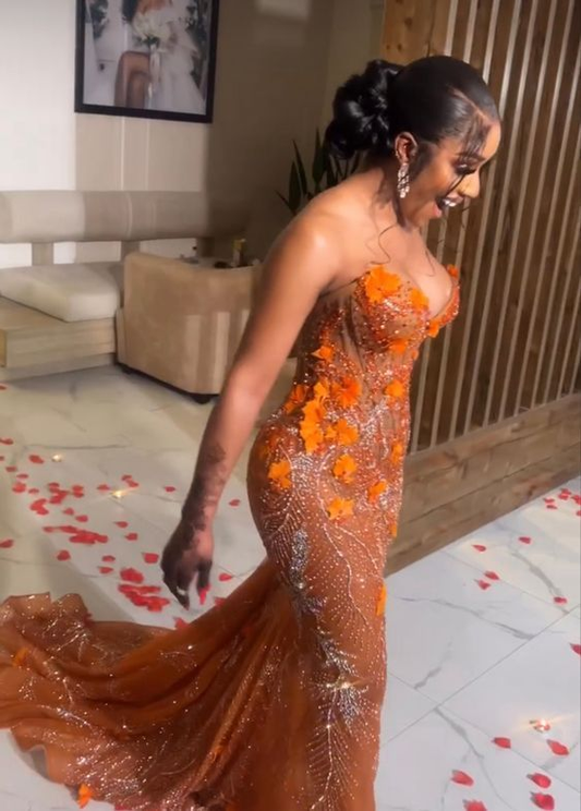 Gorgeous Orange Beaded Applique Mermaid Evening Dress Long Prom Dress Y6693