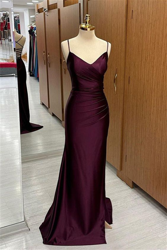V Neck Lace-Up Back Pleated Long Prom Dress with Slit Y6793