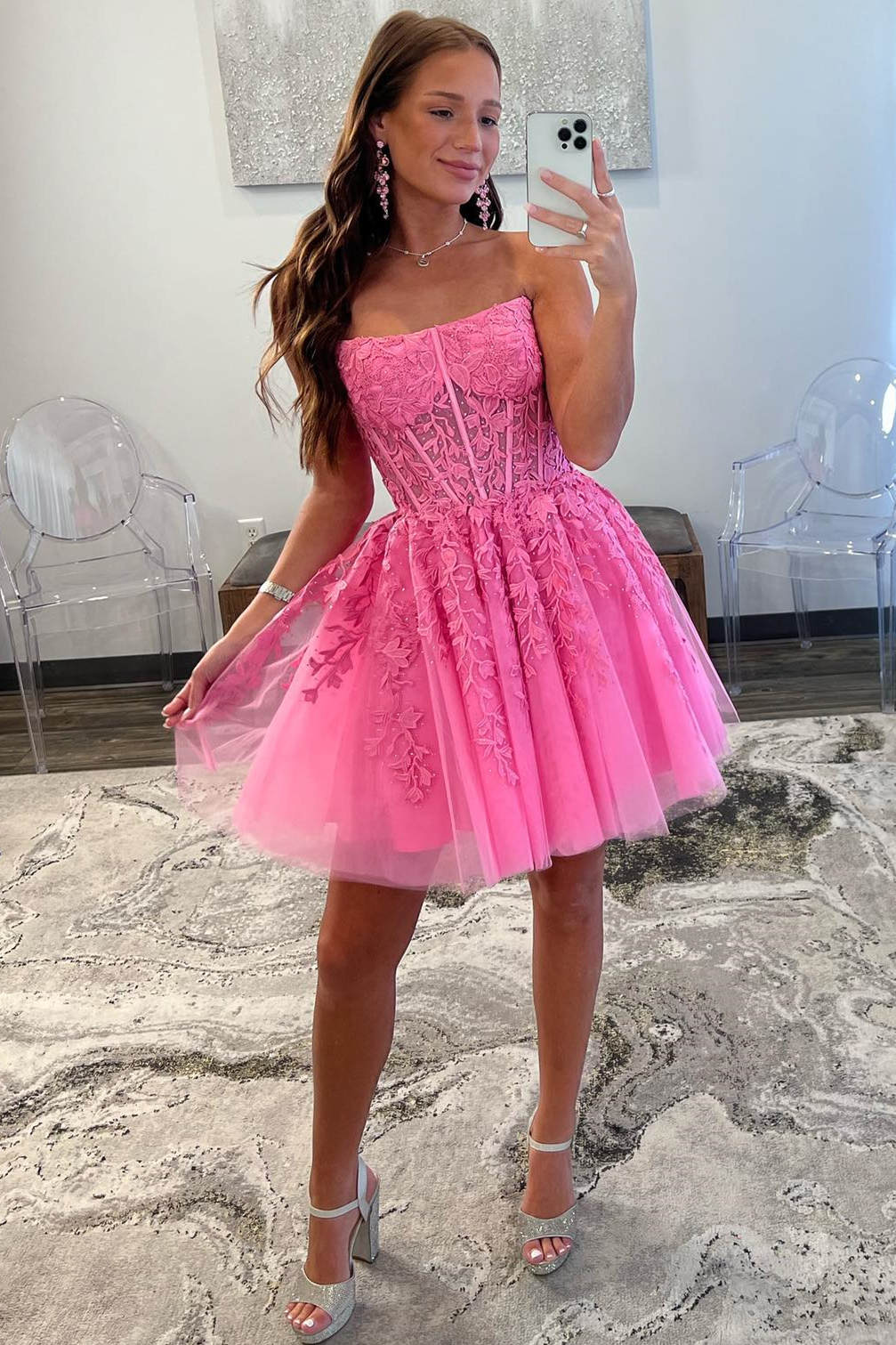 Strapless Hot Pink A-Line Short Party Dress with Appliques Y2784