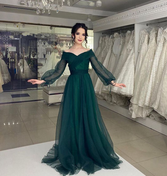 A Line Green Tulle Evening Dresses Formal Prom Dress Dubai Party Gown Y4316