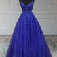 Royal Blue Floral Appliques V-Neck A-Line Prom Dress Y4234