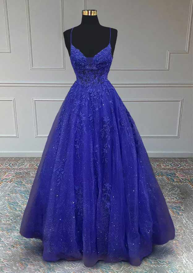 Royal Blue Floral Appliques V-Neck A-Line Prom Dress Y4234