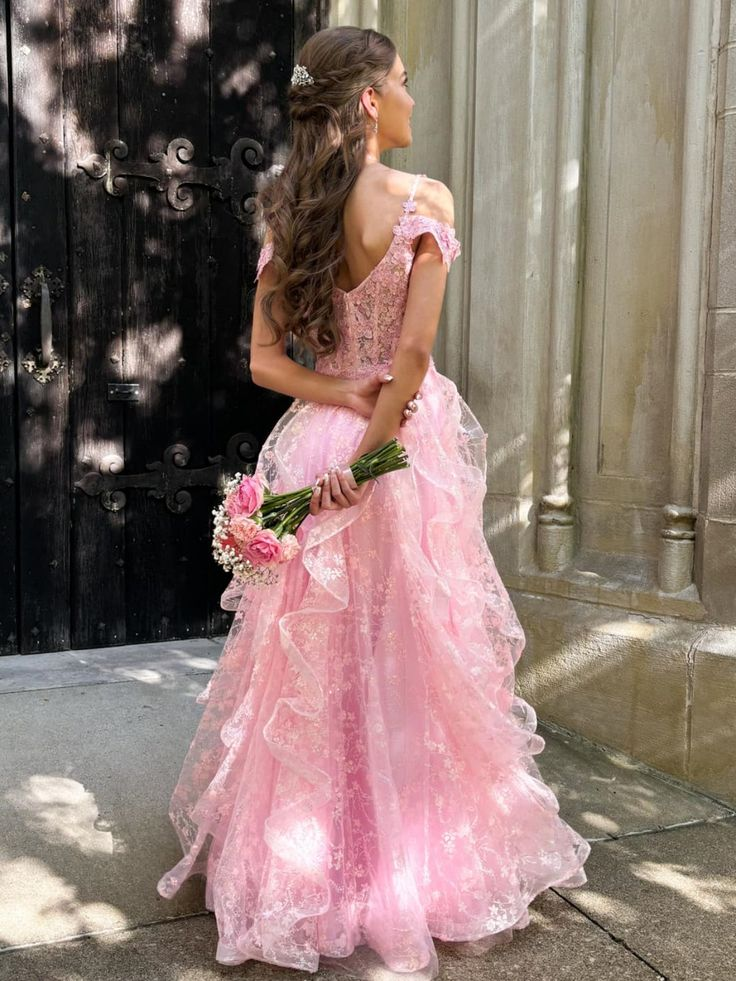 Pink Off Shoulder Fluffy Lace Appliques Floral Long Prom Dress,Evening Dress Y7846