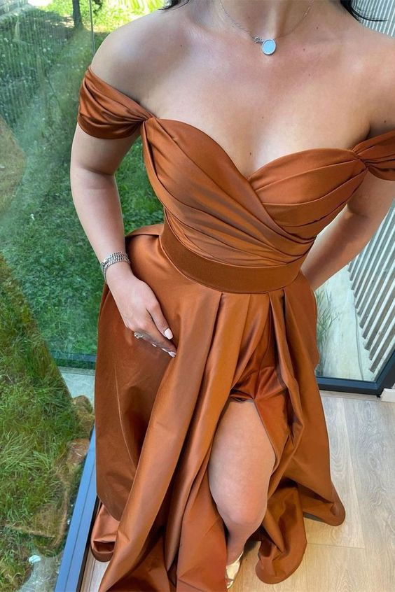 Burnt Orange Satin A-line Side Slit Long Evening Prom Dresses, Off Shoulder Prom Dress Y6746