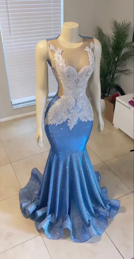 Beautiful Blue Mermaid Sleeveless Evening Dress Y4217