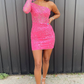 One Shoulder Hot Pink Long Sleeve Appliques Bodycon Homecoming Dress  Y2996