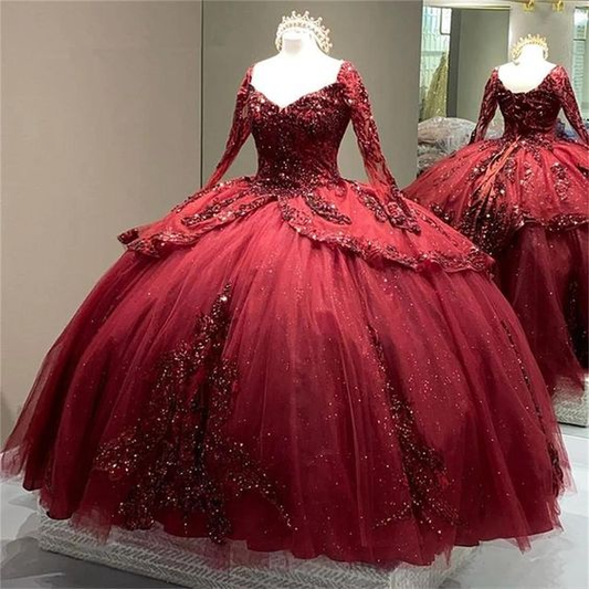 Burgundy Sparkly Quinceanera Dresses Long Sleeve Lace-up Corset Flowers Sequins Princess Sweet 15 Ball Gown Y5388