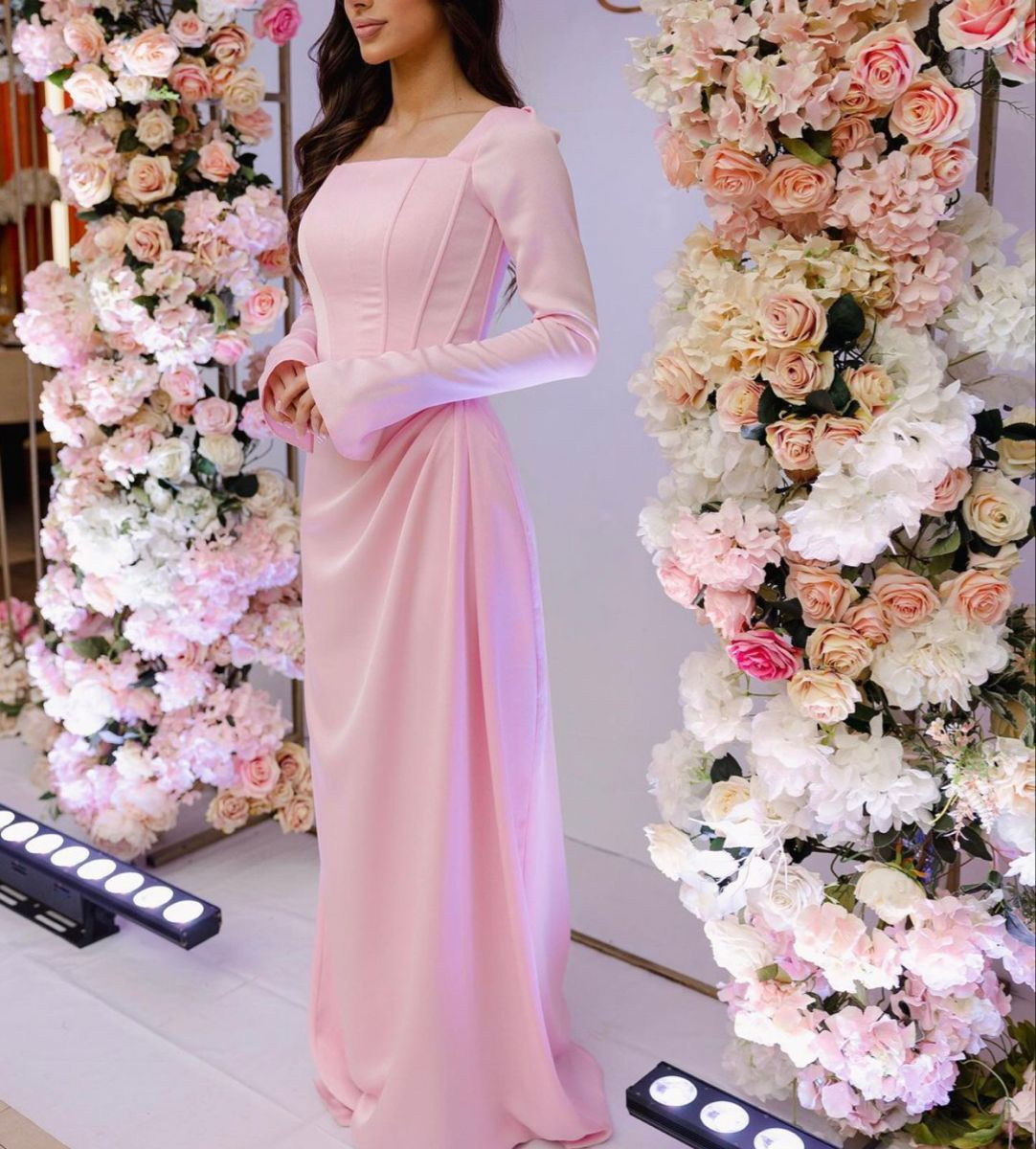 Classy Pink Square Neckline Column Evening Dress with Long Sleeves Y4798